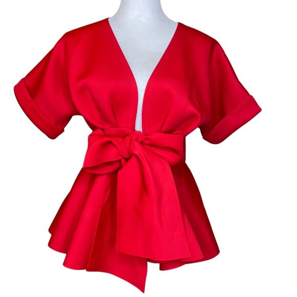 Hearts Women's Candy Red Deep V-Neck Short Sleeve Tie Front Pleated Peplum Top S - Picture 1 of 10